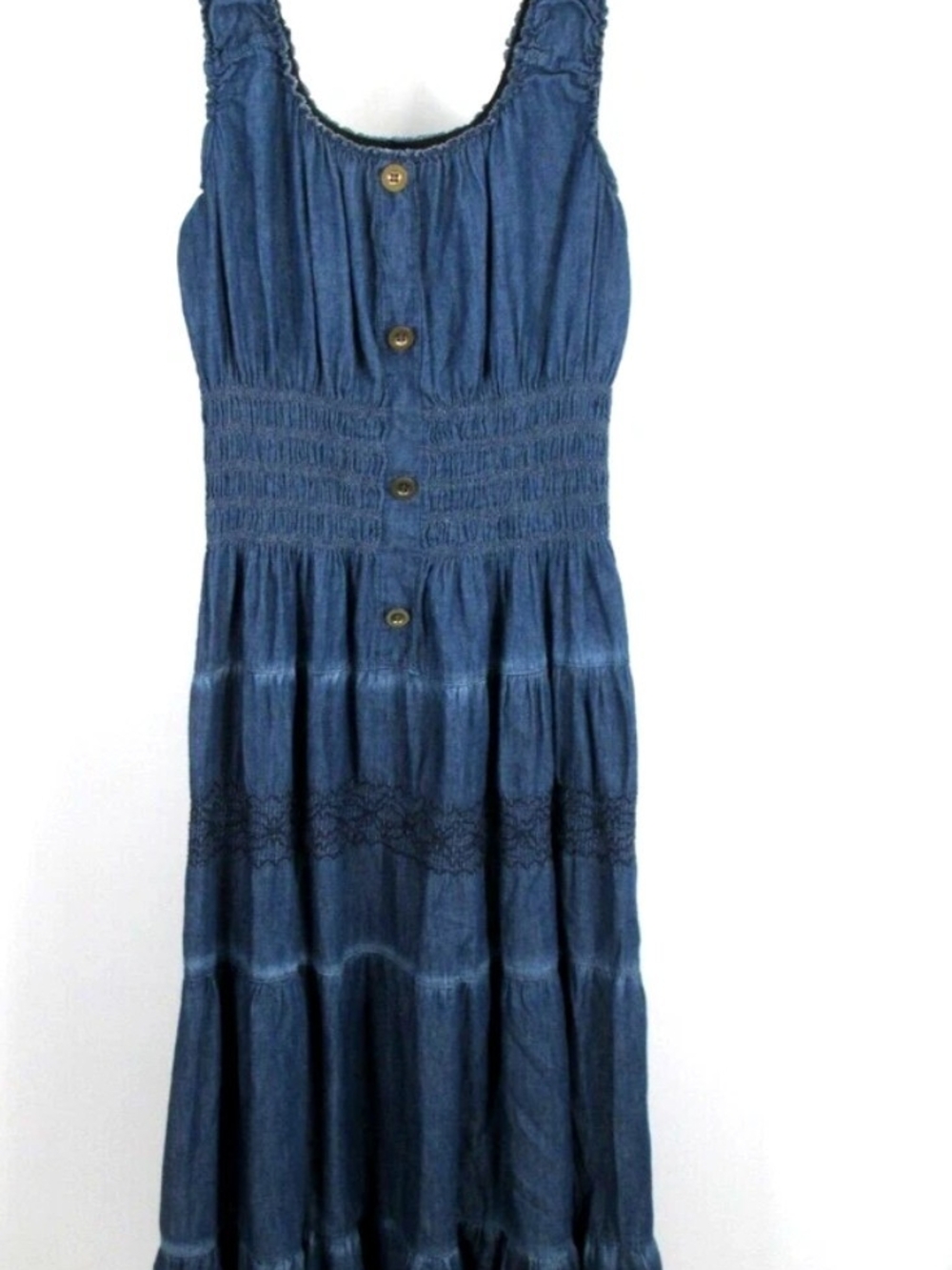 LAPIS Maxi Dress Women 2XL Blue Faux Denim Chambray Smocked Cottage Core Prairie